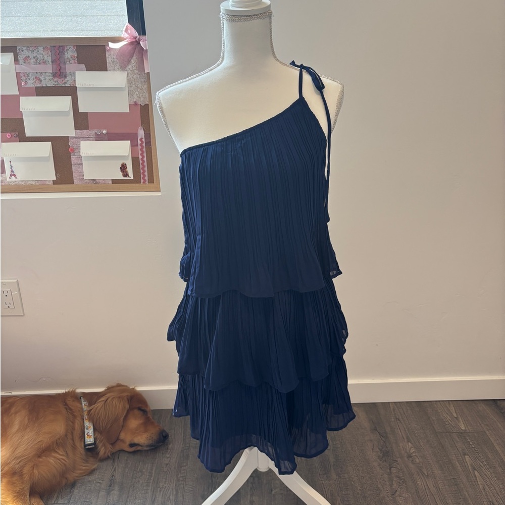 Navy Blue Ruffle One-Shoulder Dress